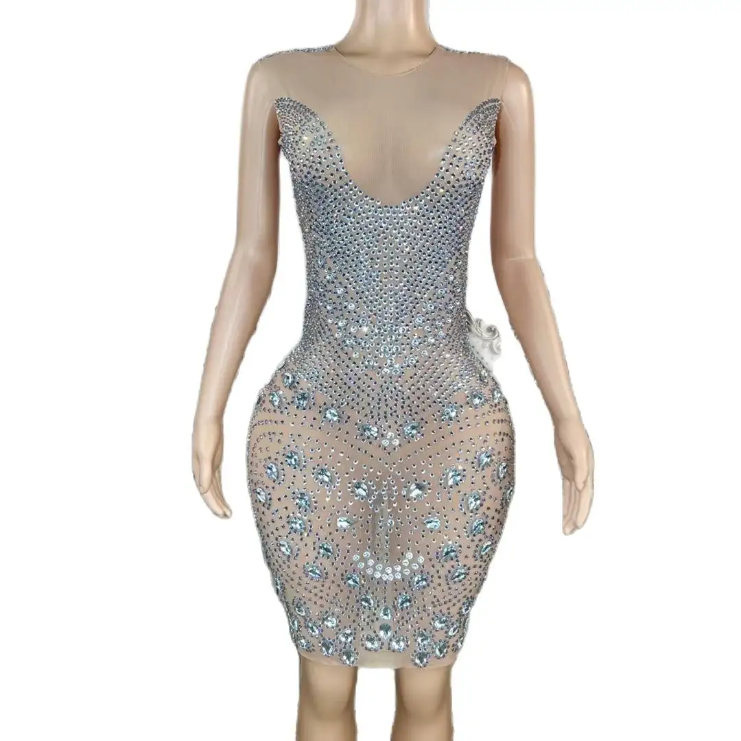 Vestido Luxo Transparente Cristal Rhinestone Bodycon Vestido De Festa De Casamento Plus Size Mulheres Prom Vestido Sexy Club Vestidos De Noite