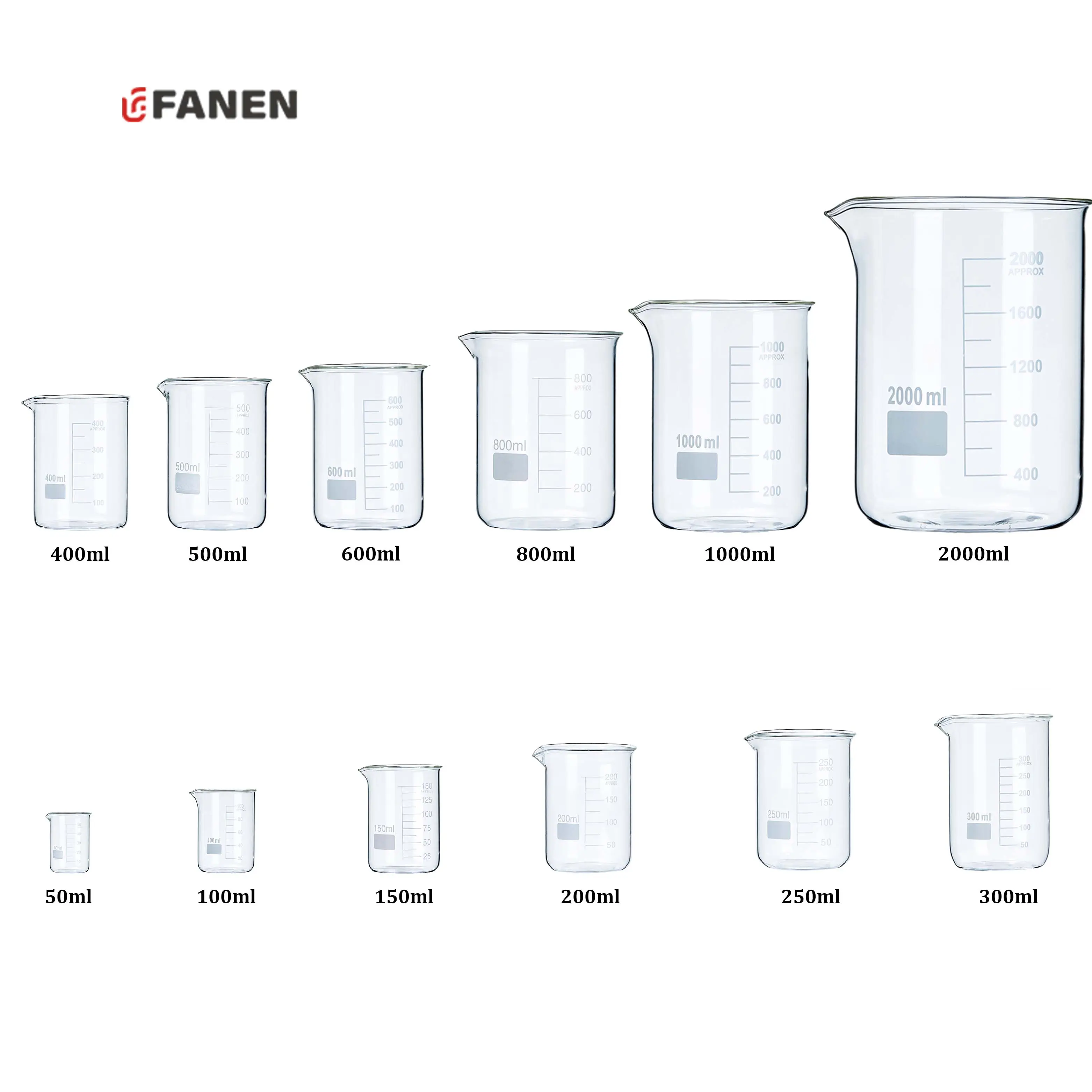 Fanen 200ml วิทยาศาสตร์ Boro 3.3 แก้วทนความร้อนสําเร็จการศึกษา Beaker ห้องปฏิบัติการใช้เคมี Low Form วัด Beaker