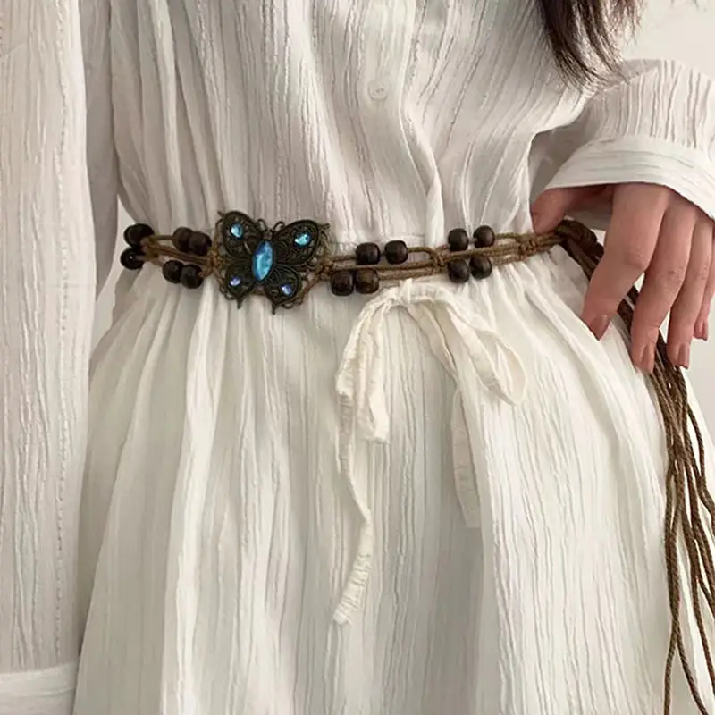 Böhmische Schmetterling handgemachte Taille Kette Holz perle Damen kleid Accessoires Weben Taille Gürtel