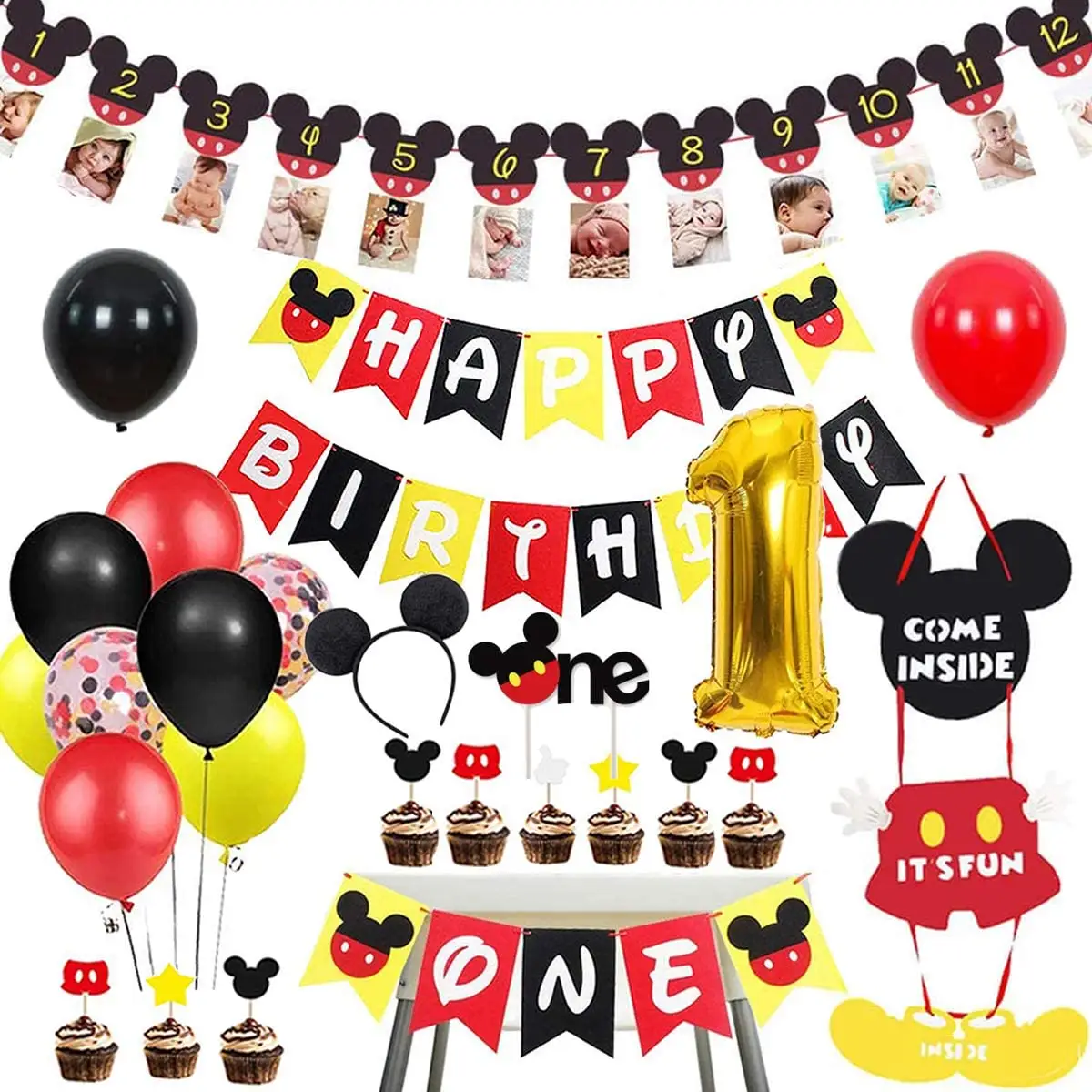 Suministros de fiesta de cumpleaños con temática de Mickey, decoraciones para niños y niñas con globos de feliz cumpleaños, Banner de foto