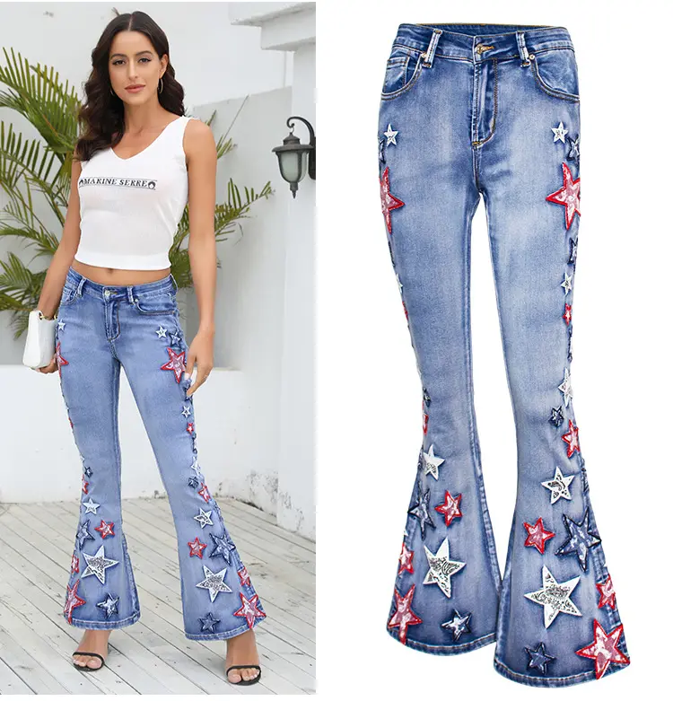 Pantalones vaqueros bordados con apliques de estrellas Pantalones vaqueros de pierna ancha ajustados para mujer Pantalones vaqueros elásticos