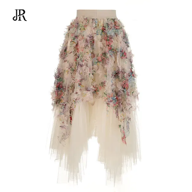 JIARUI Female High Waist Medium Length Girls Floral Mesh Party Skirt Layered Sweet Midi Long Irregular Tulle Skirt