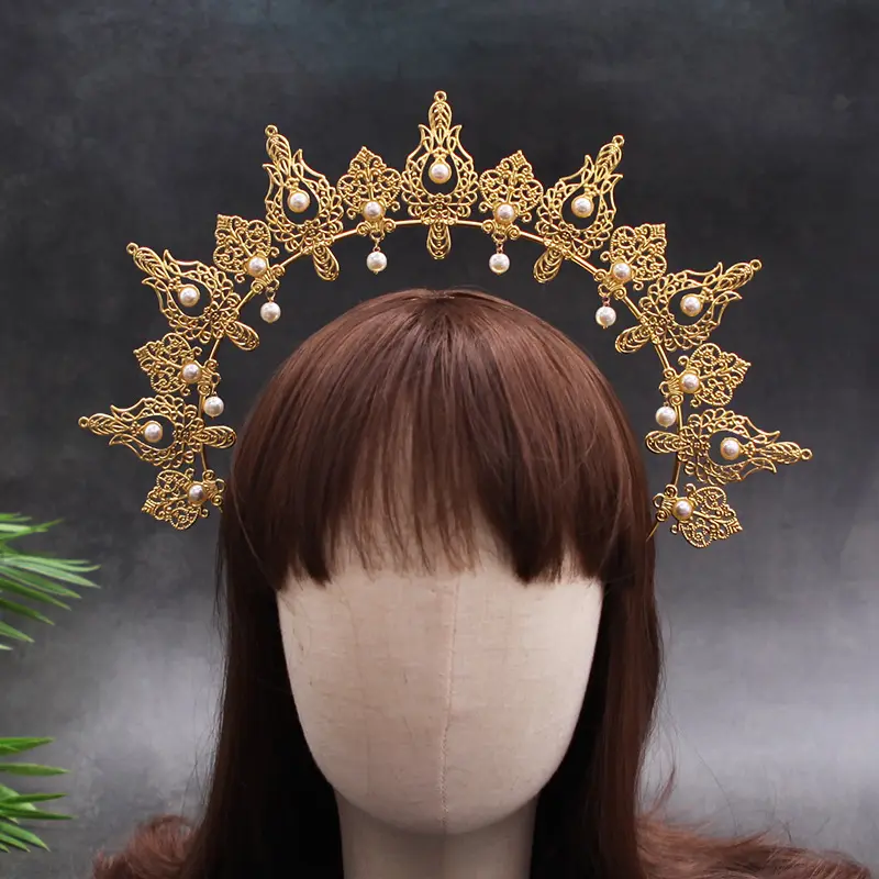 Mulheres Halo Coroa Ouro Metal Virgem Maria Headband Festa Férias Traje Coroa Headband