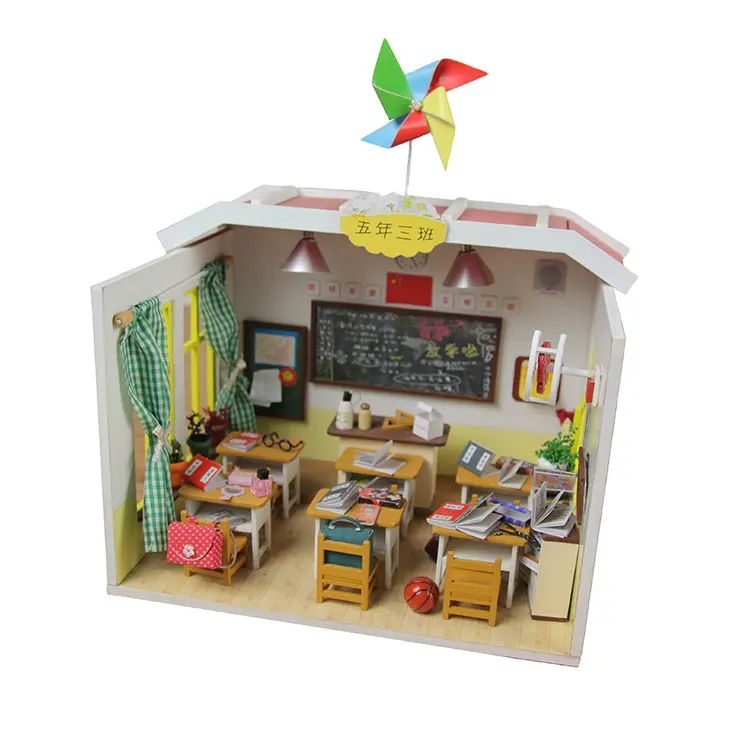 Modelo de maestro de escuela primaria con luz y muebles, casa de muñecas en miniatura Diy, casa de juguete de madera para niños