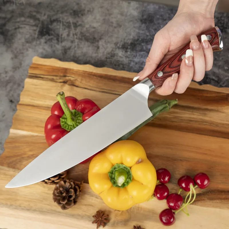 8 بوصة قسط سكينة للطبخ الألمانية عالية الكربون الفولاذ المقاوم للصدأ مريح Pakka الخشب مقبض سكينة مطبخ للطهاة