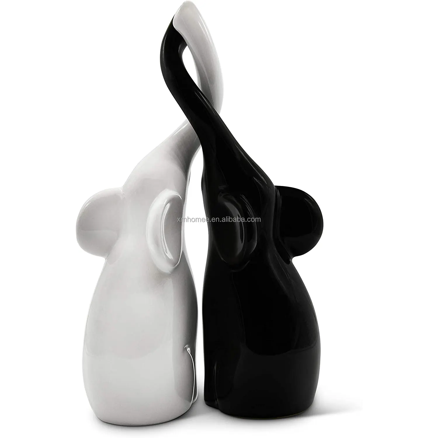 Couple harmonieux éléphants en céramique noir blanc Sculpture moderne Couple de deux éléphants indépendants Figurine décorative