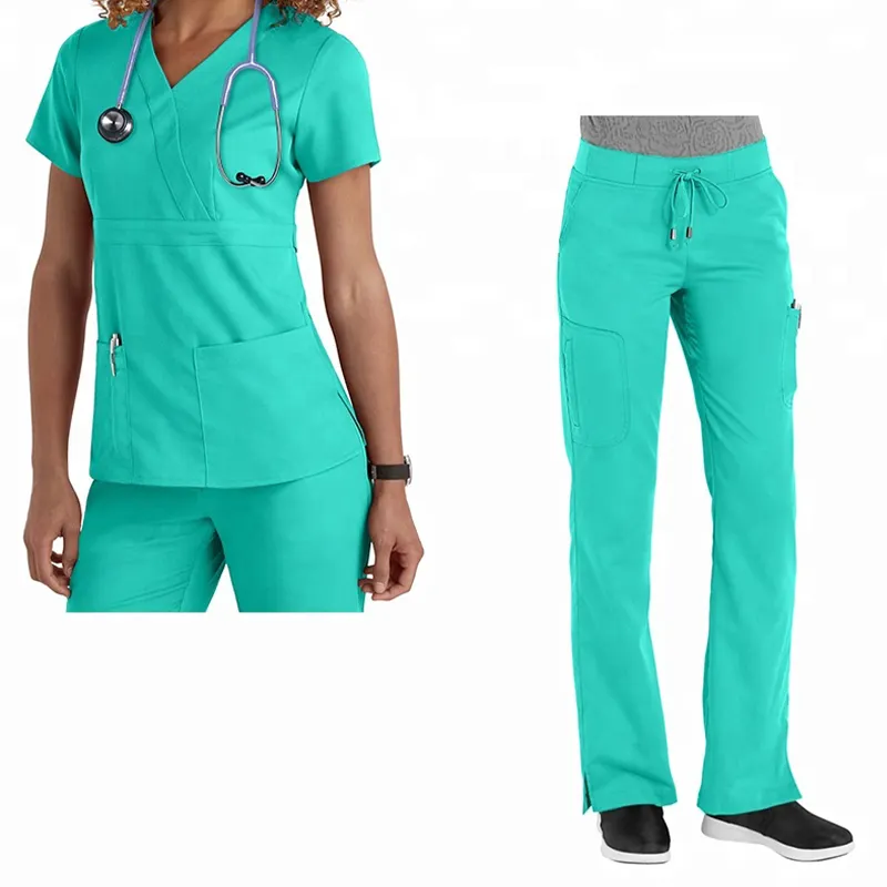 Uniforme de enfermeira absorvente de suor respirável personalizado, uniforme de hospital de manga curta