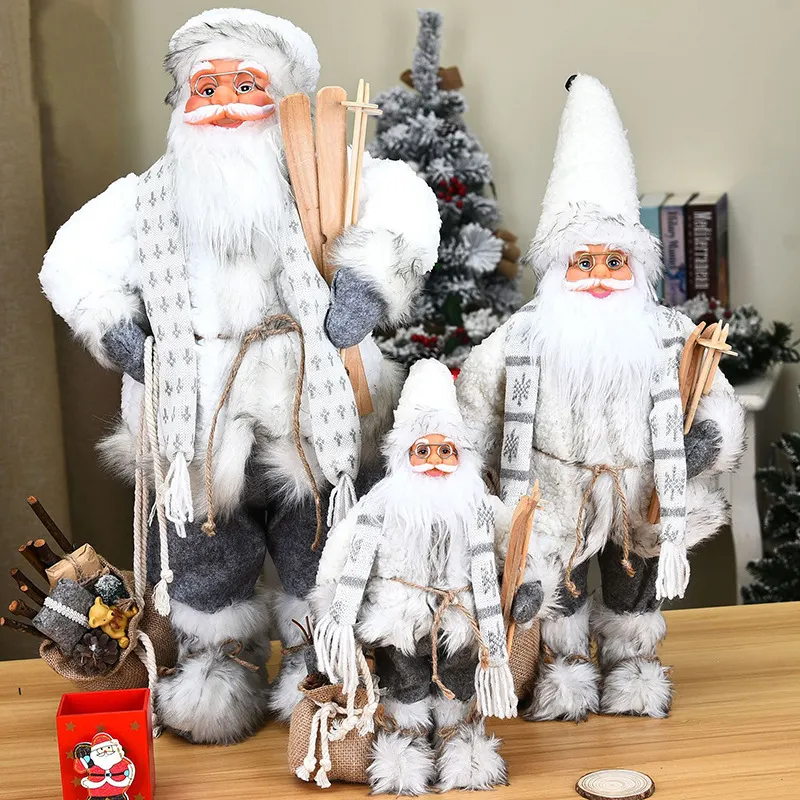 Figura de Papá Noel de decoración hecha a mano, adornos de Feliz Navidad, muñeco de pie, con gafas, monopatín, bolsa de regalo