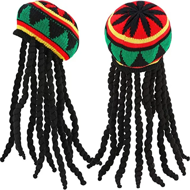 Peluca de rastas negras con sombrero de Rasta, boina de punto de estilo jamaiquino Reggae, accesorio para disfraz