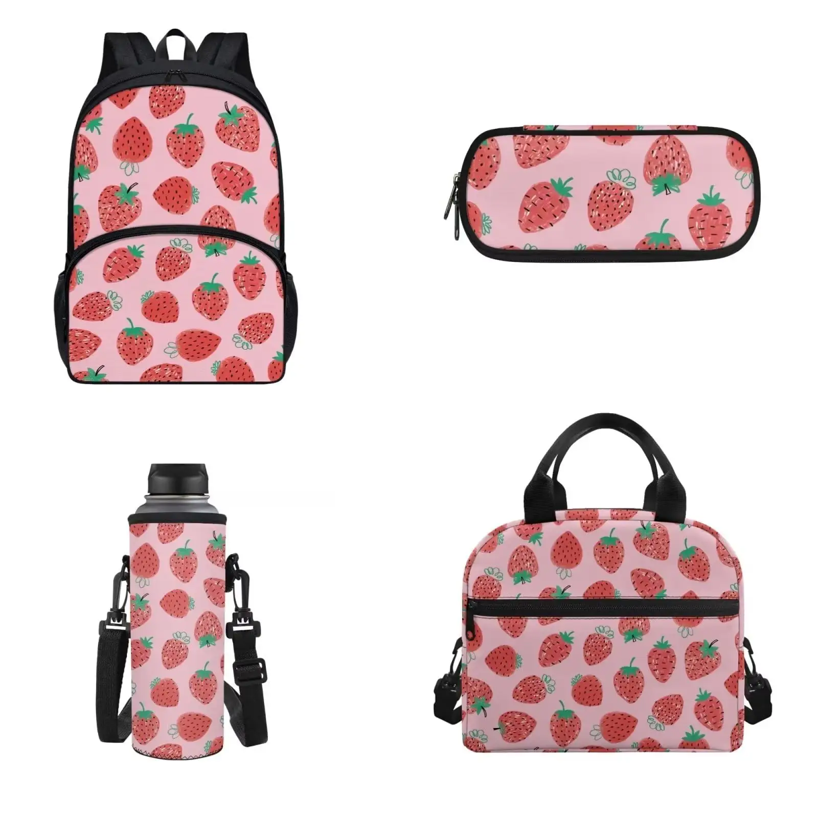 Sacos de escola morango rosa bonito personalizado para meninas conjunto mochila escolar almoço saco lápis caixa garrafa de água bolsa 4 pcs/sets