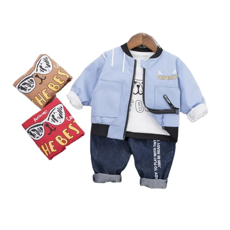 Roupas de bebê menino tshrit 3 peça em um conjunto de roupas menino menino branco de algodão casaco calça jeans Crianças roupas