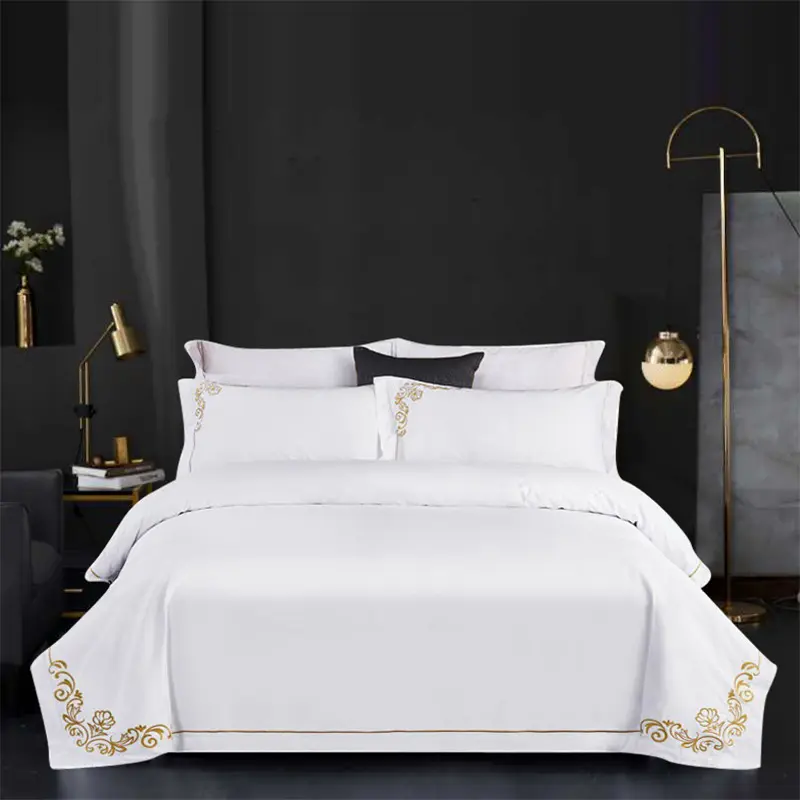 Hotel 60S 300TC bordado personalizado cama conjunto de algodão branco Rainha King size capa de edredão lençol cama conjunto