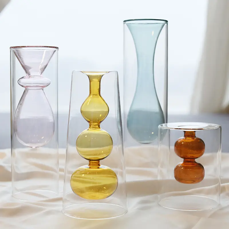 Скандинавская Современная Минималистичная витражная творческая индивидуальная двойная стеклянная прозрачная ваза для цветов