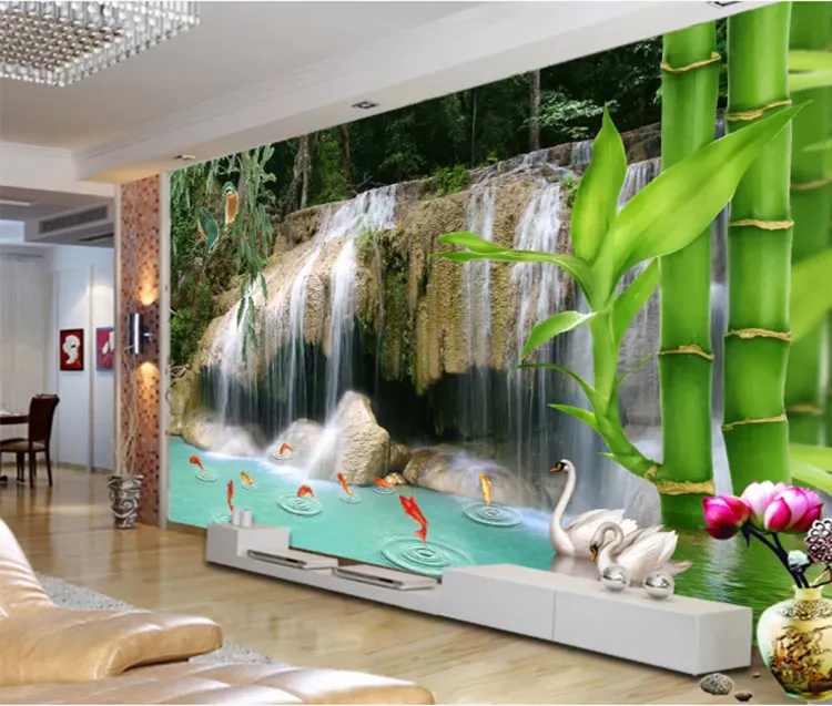 Papel de parede de água flutuante, decoração 3d, bambu, peixe, adesivo, papel de parede