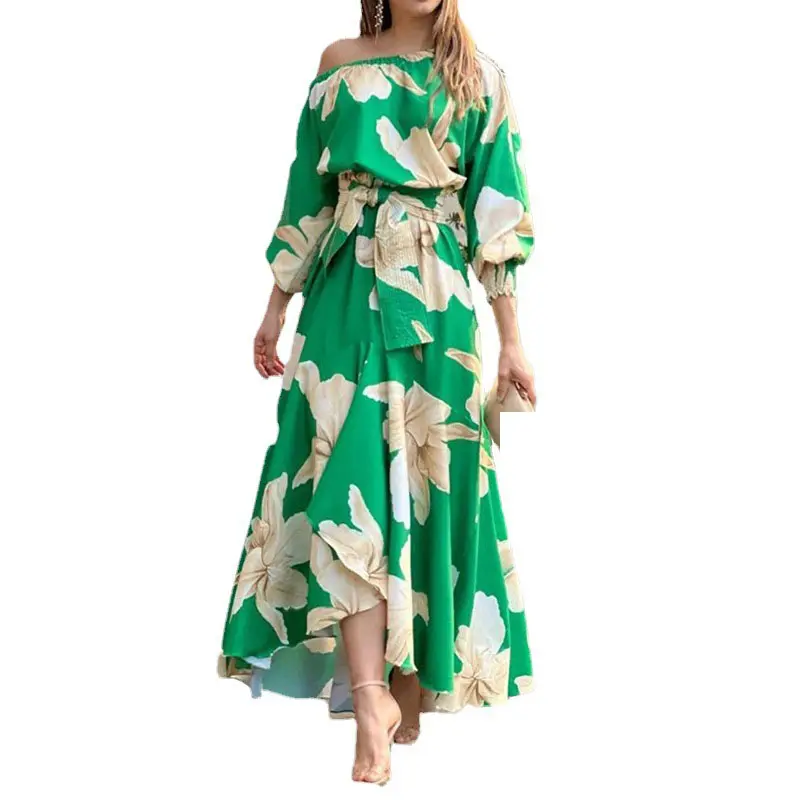 Весенняя 2023 Женская одежда с вышитыми рукавами-фонариками и длинными рукавами для платья с высокой талией и принтом Элегантное Длинное Повседневное платье