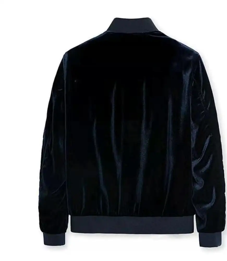 Мужская черная бархатная куртка-бомбер на заказ, мужская куртка с вязаными манжетами