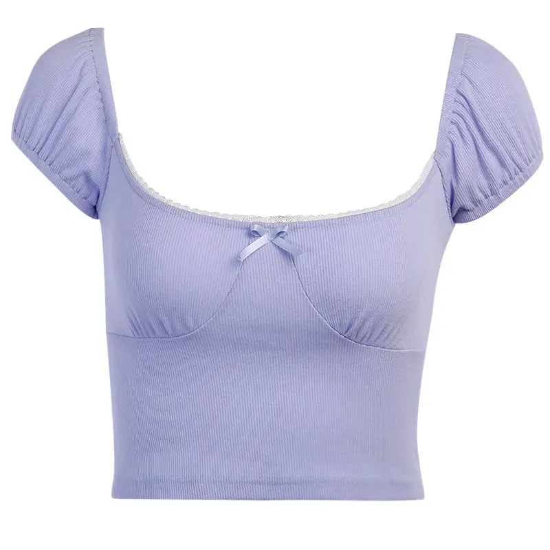 Camiseta ajustada para mujer, tela acanalada, Top corto con cuello redondo para mujer, camisetas para niñas sin logotipo