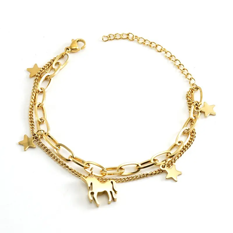 Mecylife pulseira com corrente dupla camada, bracelete de aço inoxidável com pingente de unicórnio, corrente de 18k e estrelas douradas