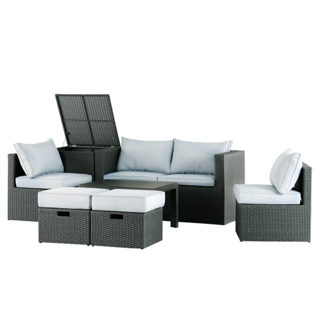 Moderno 6 pezzi più venduti di mobili da esterno combinati tavolo da terrazza in rattan di plastica con divano in vimini