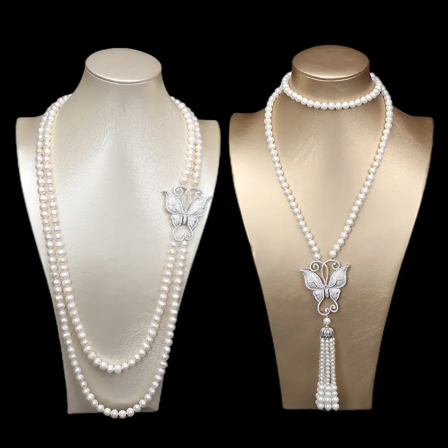 Collana lunga con perle vere a doppio strato collana con ciondolo a farfalla con perle d'acqua dolce naturale da donna