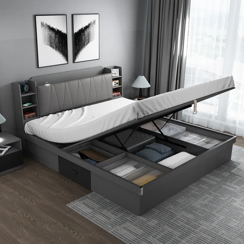 Life Home Premiere Modern Latest Bed Furniture Slat Support King Size Platform Wooden Beds with LED light storage box camas