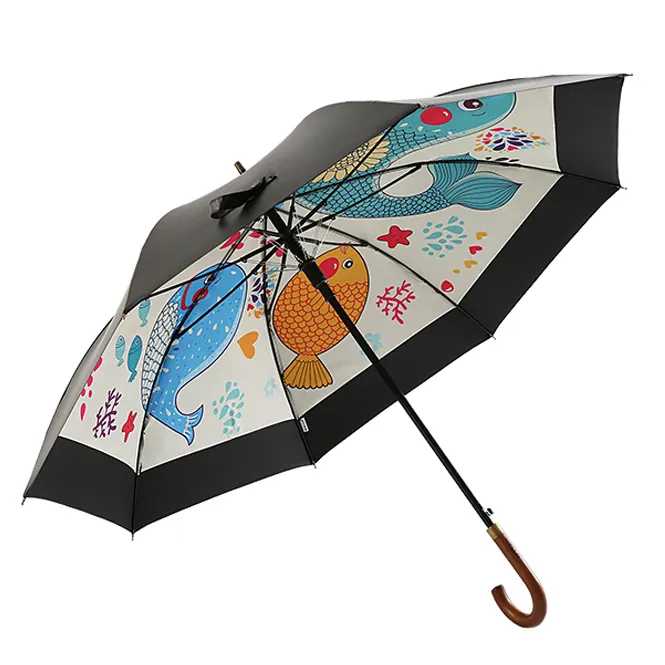Paraguas de golf con mango de madera para mujer, sombrilla abierta automática con estampado de peces de colores