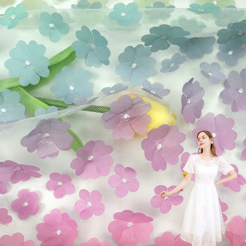 ソフトチュール100ポリエステル3D花柄オーガンザ生地ウェディングドレス用メーカー卸売工場価格
