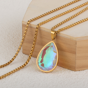 Bohemia tarzı 18K altın kaplama paslanmaz çelik kutu zincir Waterdrop şekilli renkli cam taş kolye kolye kadın takı - Product Image 4