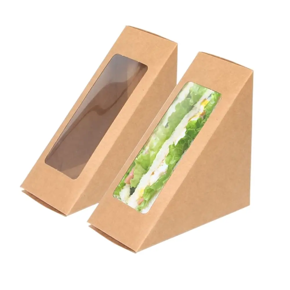 अनुकूलित आकार मुद्रण लोगो डिस्पोजेबल खाद्य ग्रेड क्राफ्ट पेपर त्रिकोण सैंडविच बॉक्स ले जाओ