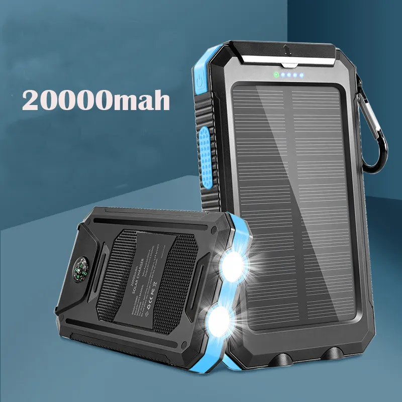 BTG Waterproof 20000mah Dual USB Ports Solar Power Bank flashlight With 2 Led light