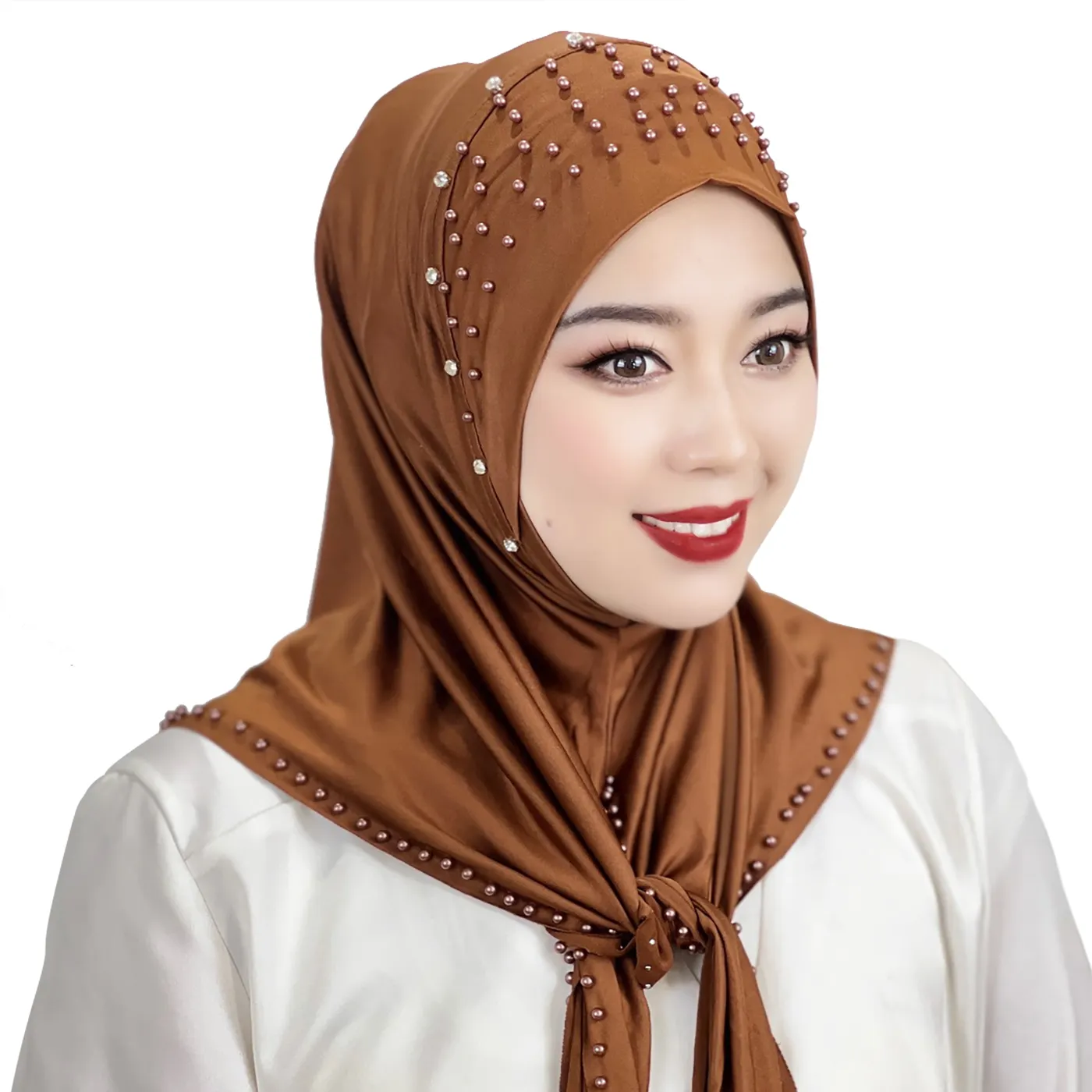 Оптовая продажа, высокое качество, хиджаб однотонных цветов с жемчужинами, бисером, традиционные консервативные женские шарфы