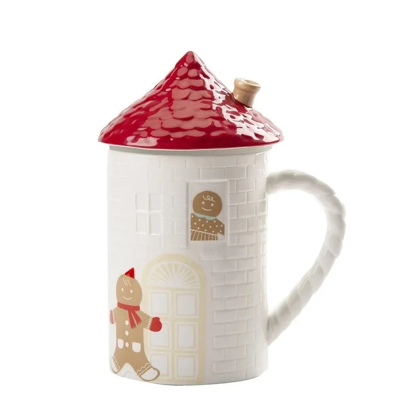 New gingerbread man red house cottage shape tazza in ceramica tazza da caffè con coperchio tazza da tè per la casa per regali di festa per la famiglia e gli amici