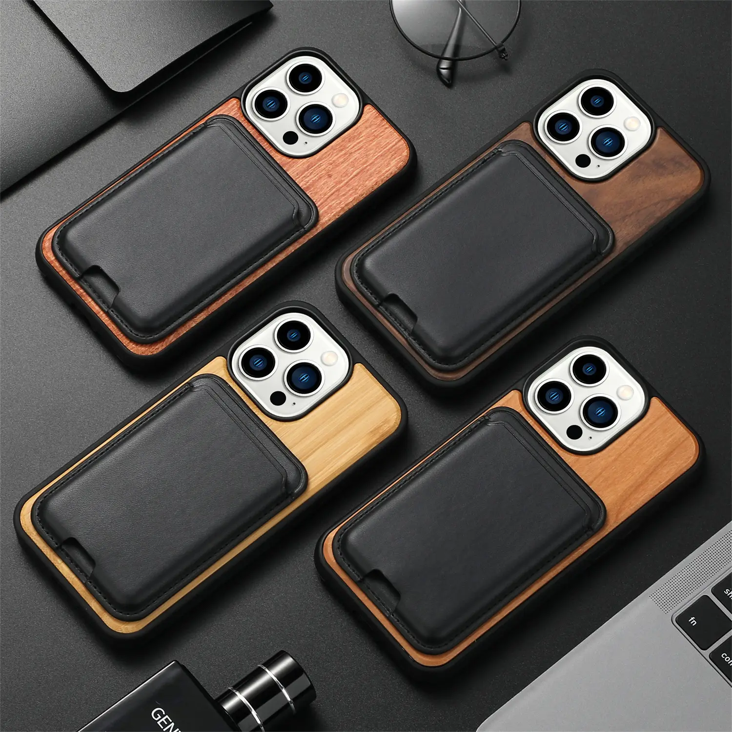 Luxury Detachable Magnetic Card Pocket Wallet Back Cover Wood Phone Case for iPhone 14 Pro iPhone 13 Pro Max