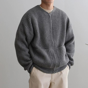 定制标志 & 颜色男士时尚长袖拉链针织开衫夹克实心圆领冬季休闲毛衣套头衫 - Product Image 4
