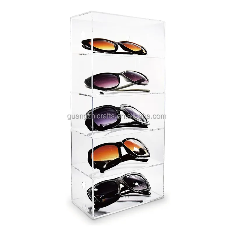 Estantes de exhibición acrílicos de 5 niveles montados en la pared, vitrina de colección acrílica transparente de 5 niveles para gafas de sol