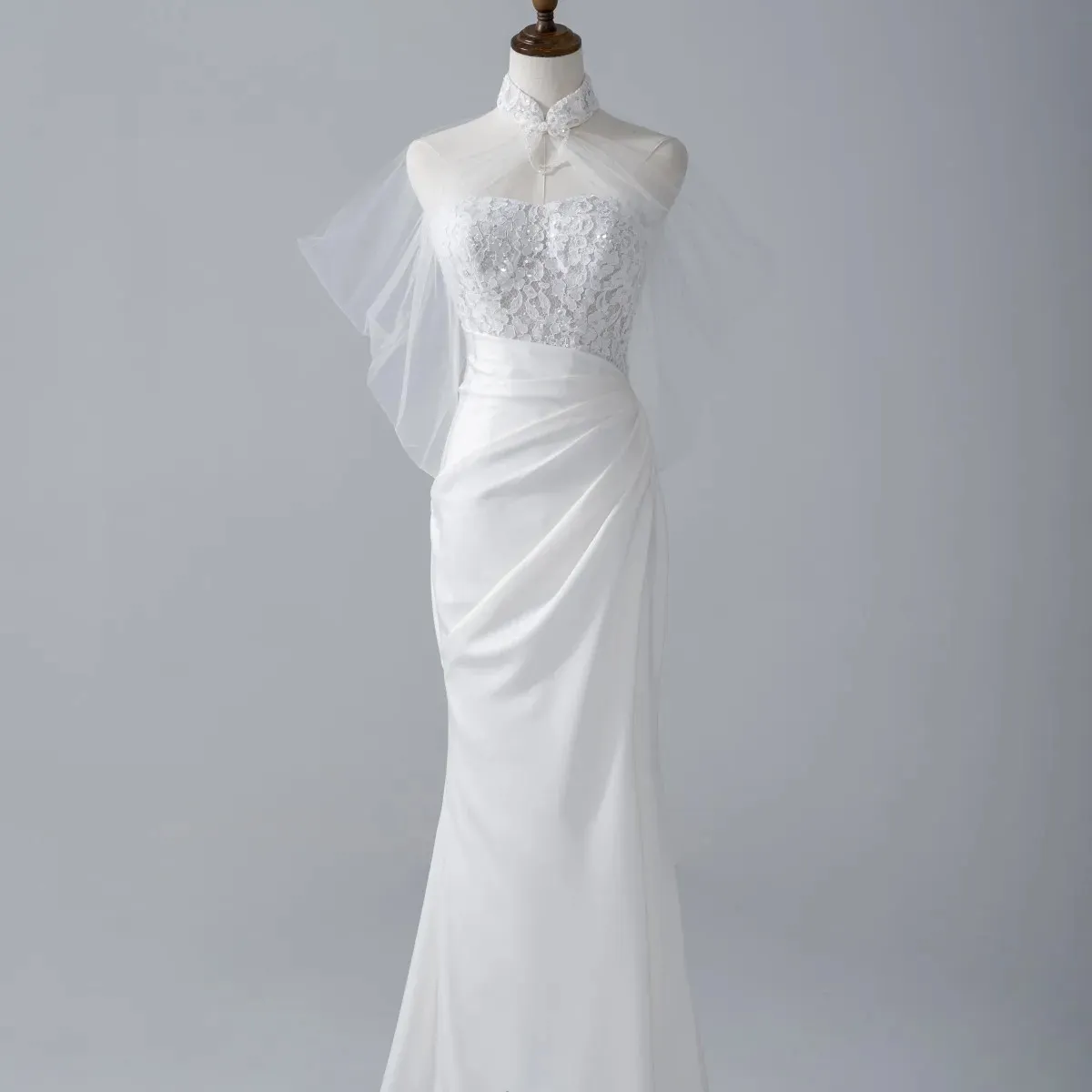 2024 nueva colección Beige cuello alto vestidos de novia manga especial alta calidad encaje satén sirena vestidos de novia