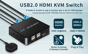 8K HDMI KVM开关2进1出8K 60Hz HDMI USB KVM切换器2x1，用于2 pc共享显示器鼠标键盘，带桌面控制器