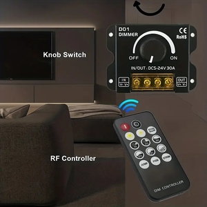 Interruptor de atenuación de perilla de tira de luz LED de 30A con controlador inalámbrico RF remoto PWM regulable, regulador de luz LED giratorio con caja de acero