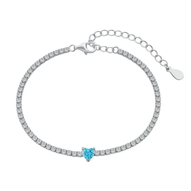 Dr. Jewelry 2022 New 925 Sterling Silver 2mm Width 8A+ Crystal Zircon Luxury Ocean Blue Heart Tennis Chain Bracelet for Women