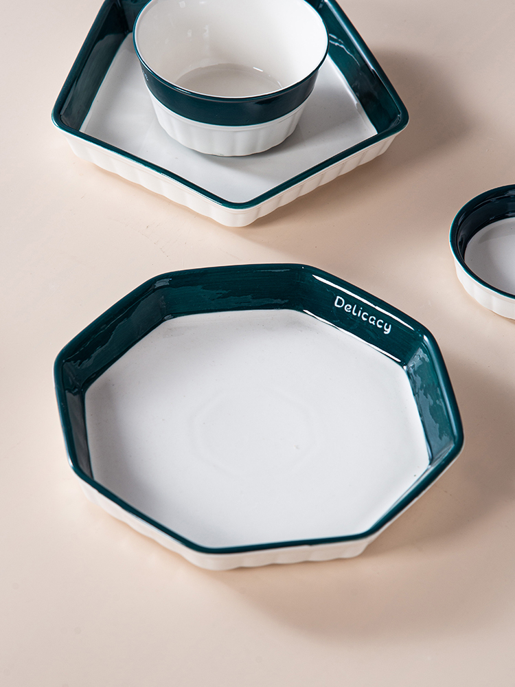 Nordic Ceramic Dinnerware Set with Dark Green Edge,pentagon plate special-shaped dinner set tableware set,plate bowl bakeware