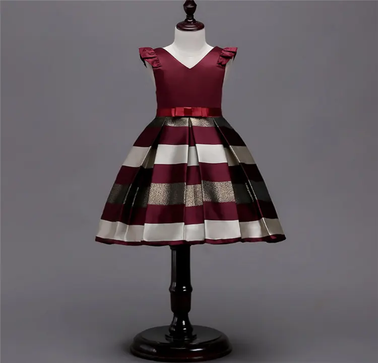 Del bambino Delle Ragazze del Vestito Rosso Scuro Abito di Sfera Elegante Larga A Righe Vintage Vestiti Del Bambino Senza Maniche Estate Del Vestito Del Bambino vestiti Della Ragazza