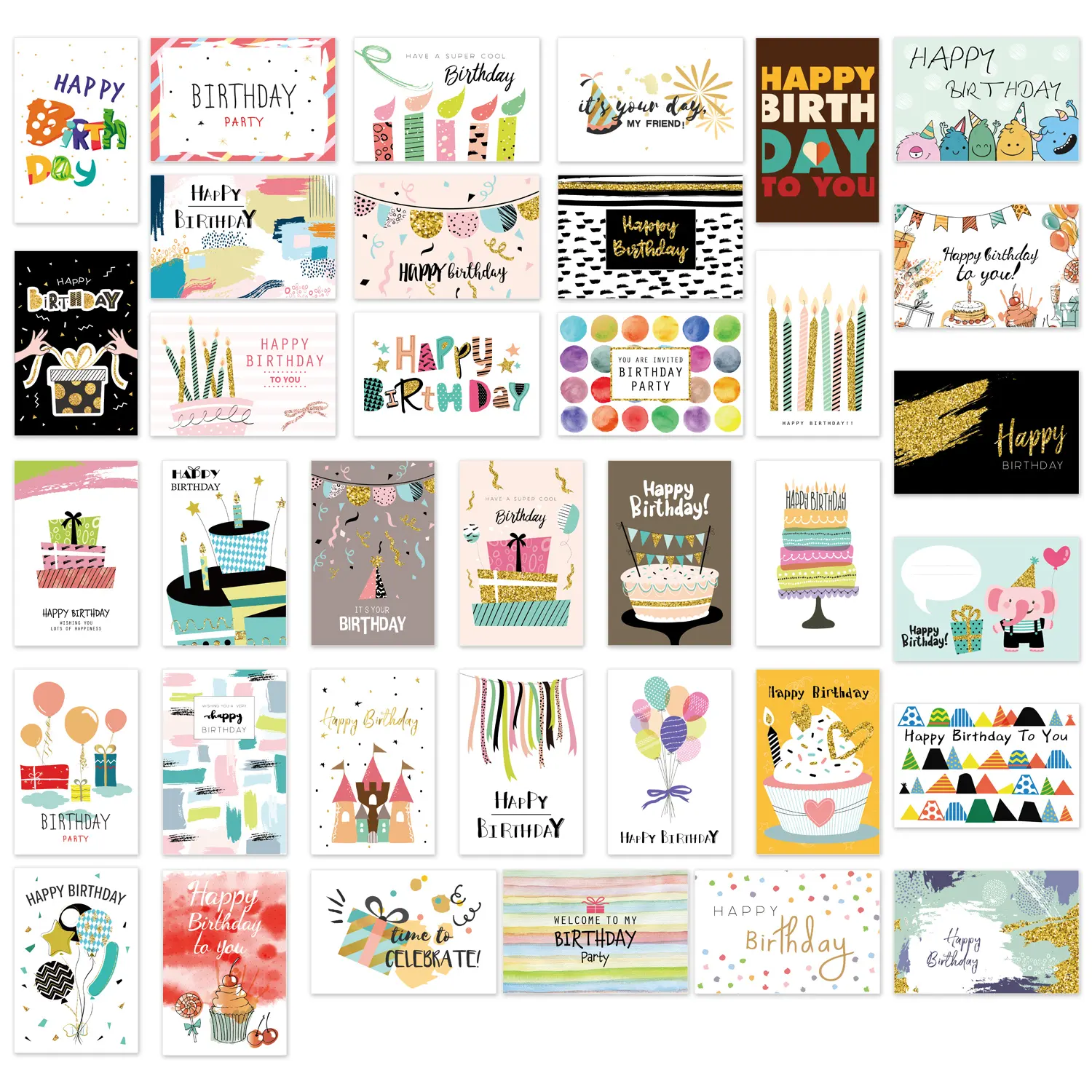 36 تصاميم فريدة من نوعها بطاقات عيد ميلاد سعيد السائبة كبيرة متنوعة تحية الملاحظات مع المغلفات والملصقات سميكة مجموعة من البطاقات