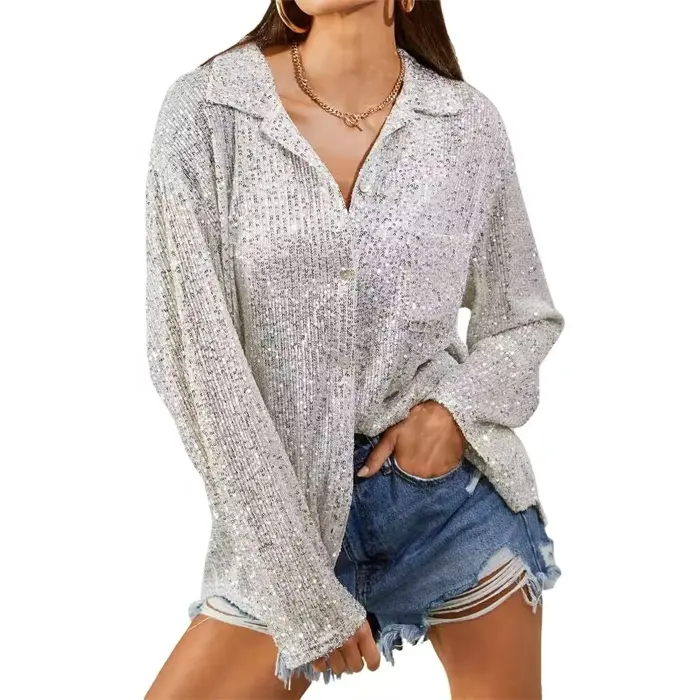 Y2K mode Sequin Blouse pour femmes surdimensionné Sexy fille chaude scintillante tunique tenue boutonnée couleur unie à manches longues chemises amples