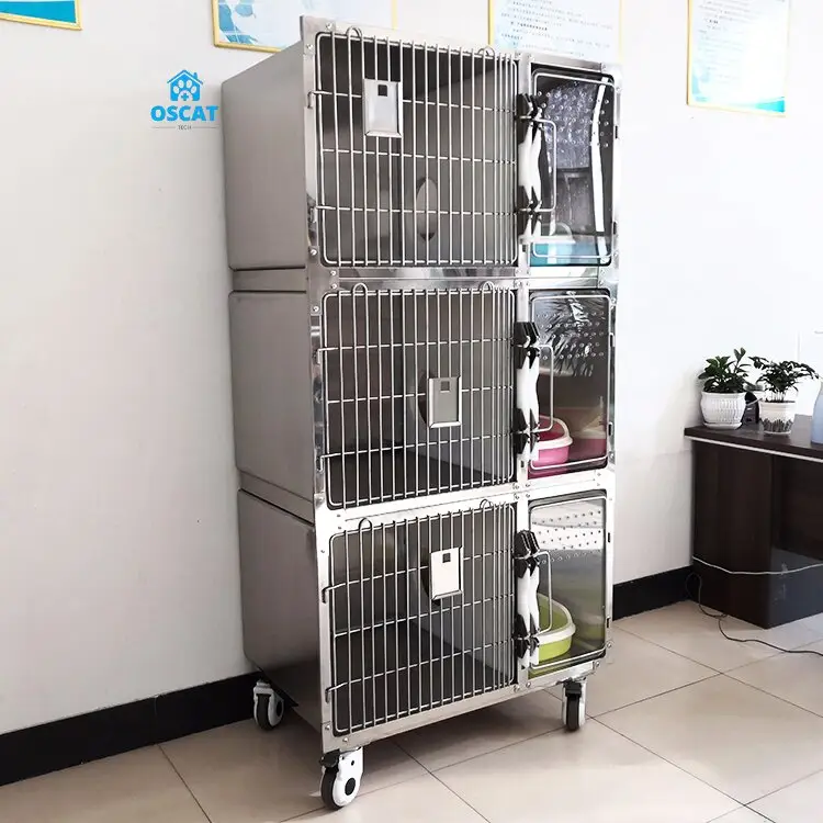 OSCAT EUR PET แรงดันสูงทนทานเข้าโรงพยาบาล 304 กรงสัตว์เลี้ยงสแตนเลสพร้อมล้อกรงสุนัขสัตว์เลี้ยง