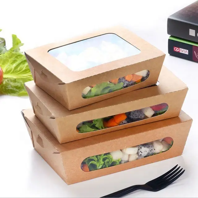 Çevre dostu tek kullanımlık kraft karton yiyecek kutusu ambalaj konteyner PET pencere ile salata kutusu götürmek