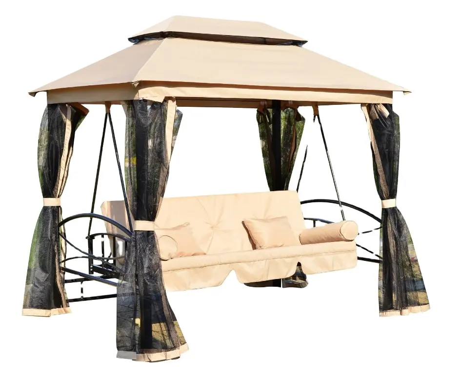 Çift katmanlı kanopi ile 3 koltuk açık sundurmalı salıncak yatak