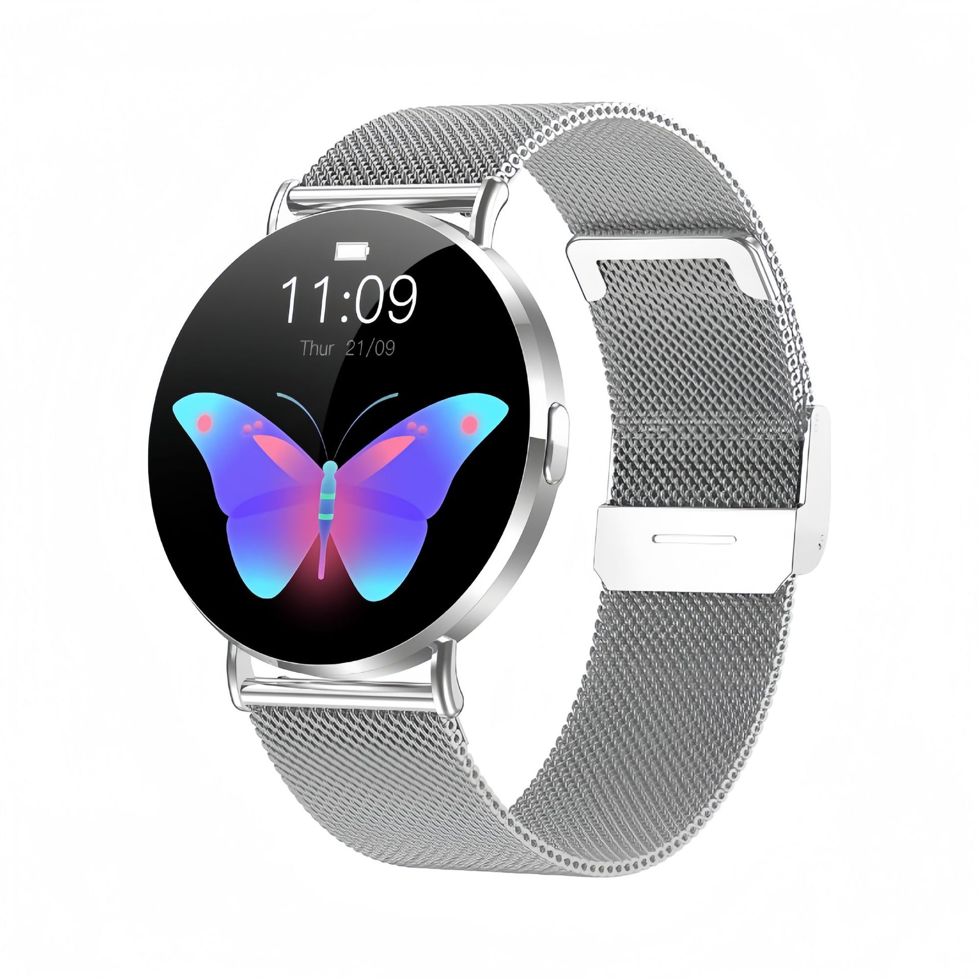 Cadran argenté, bracelet en acier argenté.