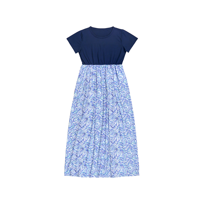 Azul Marino con Estampado de Ondas Espiraladas Azules.