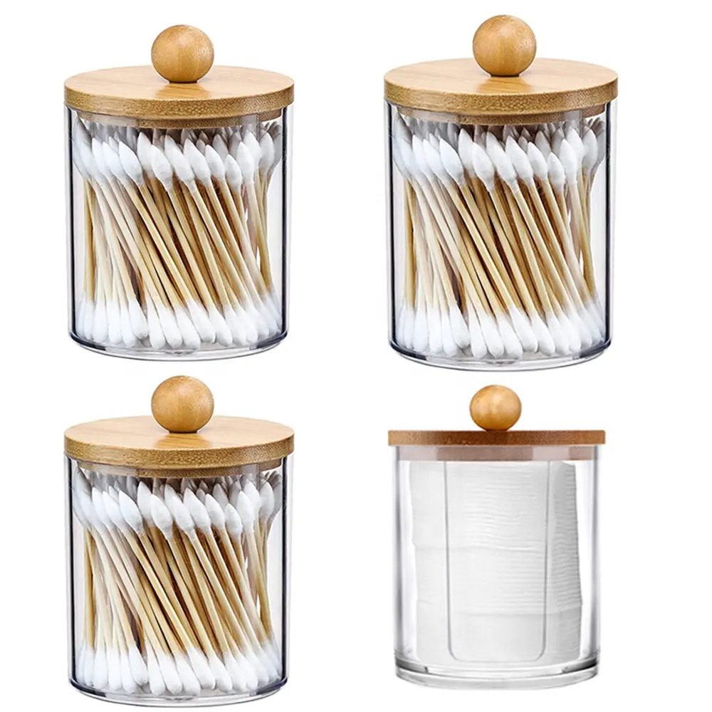 Q-tip Titular Dispenser com tampa de bambu para Cotton Ball Cotton Cotton Round Pads 10 oz Plástico Transparente Boticário Jar Set