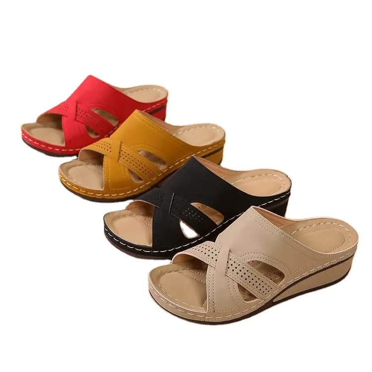 womens wedge heel sandals thick sole non-slip hollowed-out beach Roman shoes with straps size 35-43